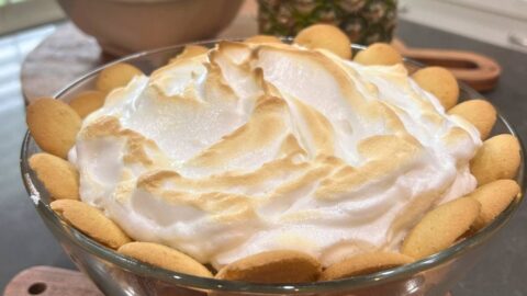 homestyle banana pudding with browned meringue and vanilla wafers