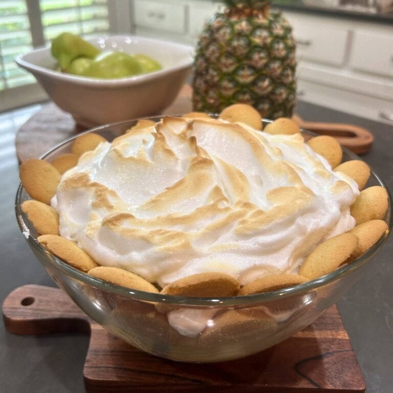 homestyle banana pudding with browned meringue and vanilla wafers