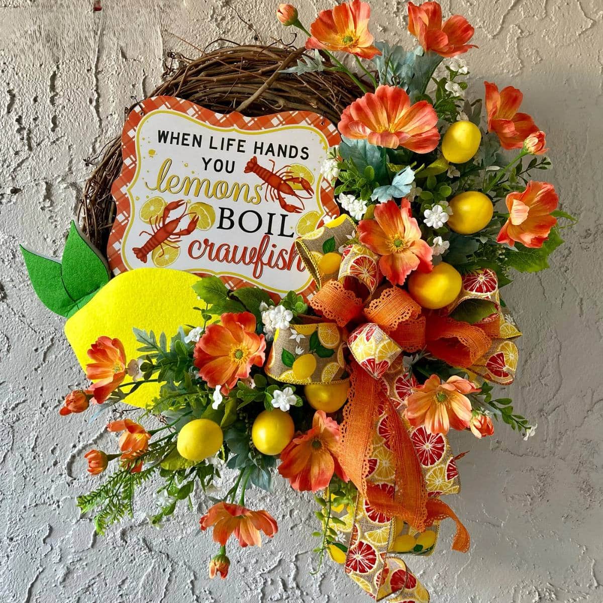 crawfish wreath with lemons and flowers