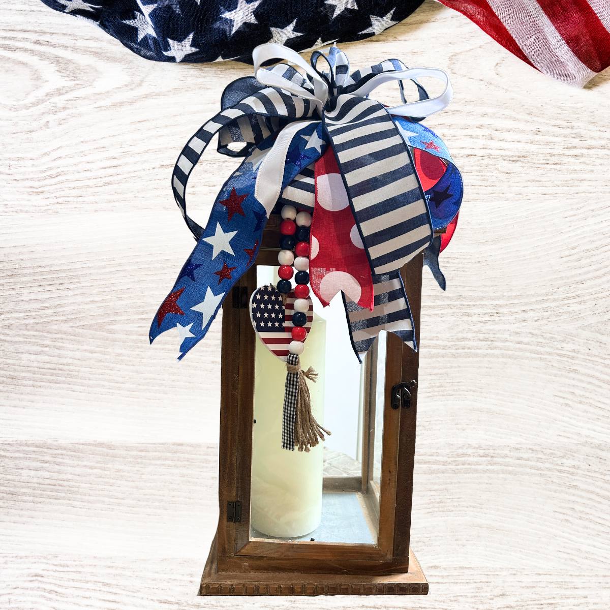patriotic bow lantern topper red white blue ribbon with stars and stripes