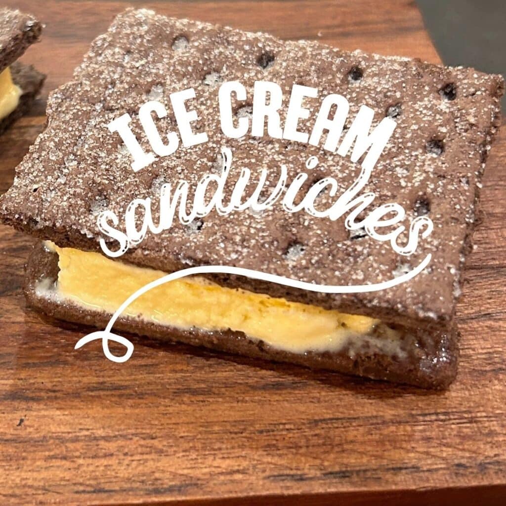 homemade ice cream sandwich made with chocolate graham crackers and vanilla ice cream