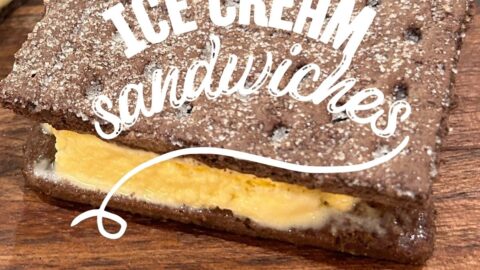 homemade ice cream sandwich made with chocolate graham crackers and vanilla ice cream