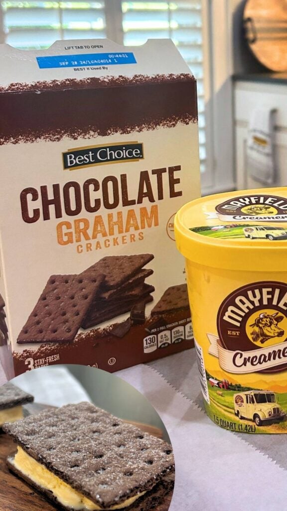 two ingredients for ice cream sandwiches, chocolate graham crackers and vanilla ice cream