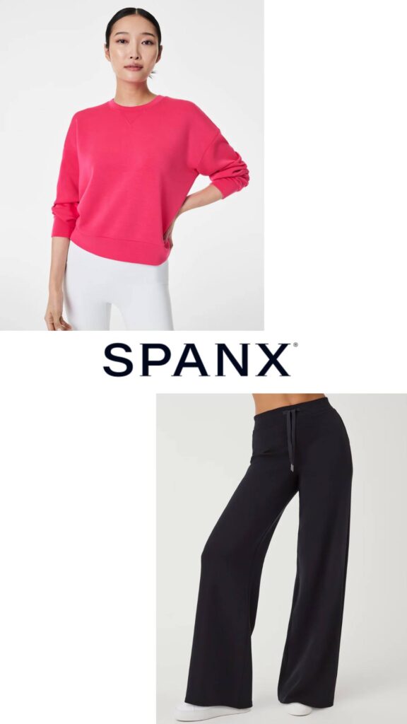 spanx cerise crew top and black wide legged pants