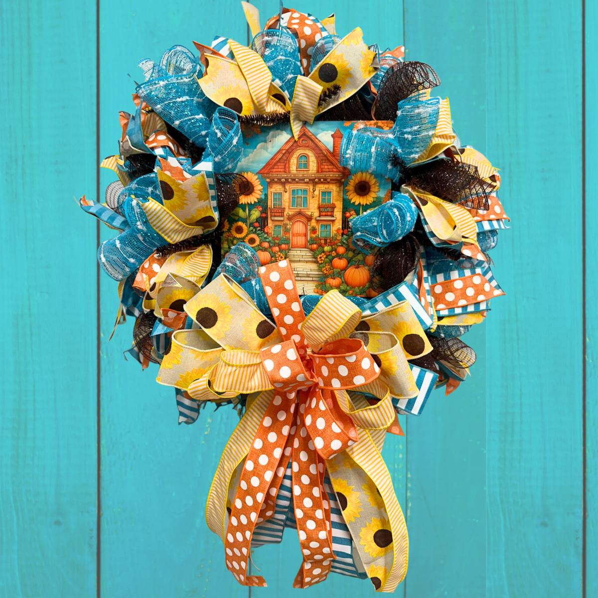 deco mesh wreath with sunflowers and pumpkins