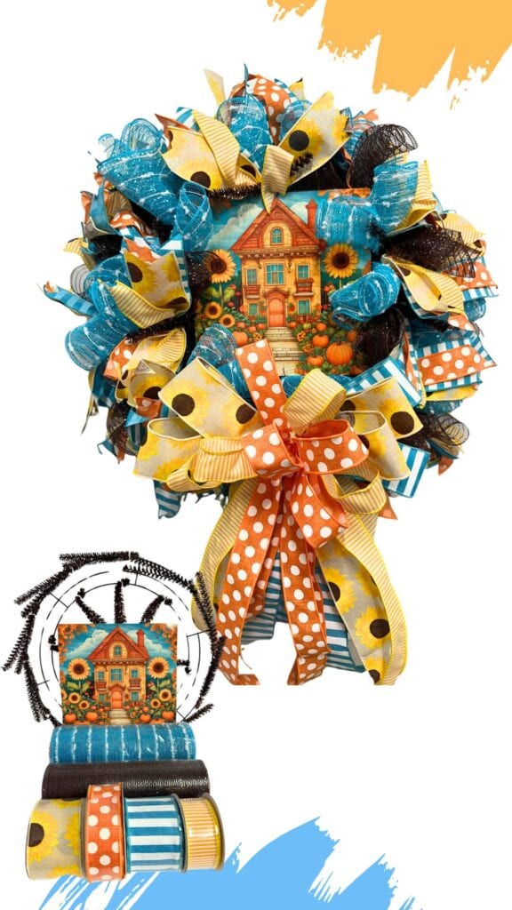deco mesh wreath with sunflowers and pumpkins