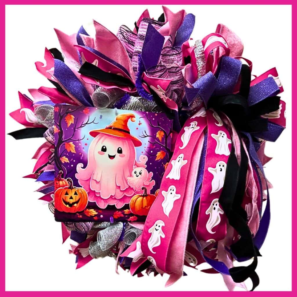 pink ghost halloween deco mesh wreath