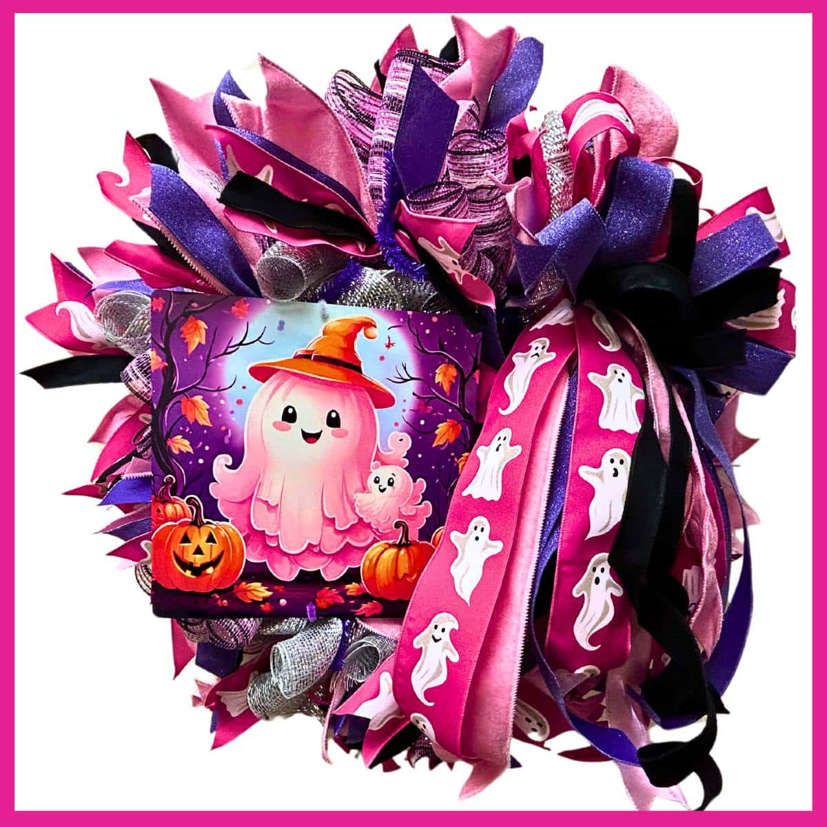 pink ghost halloween deco mesh wreath