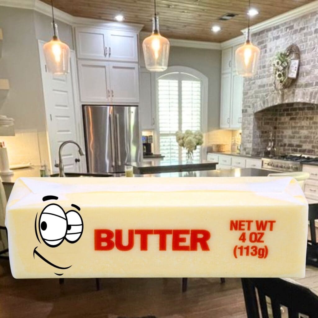 a stick of butter with kitchen in the background
