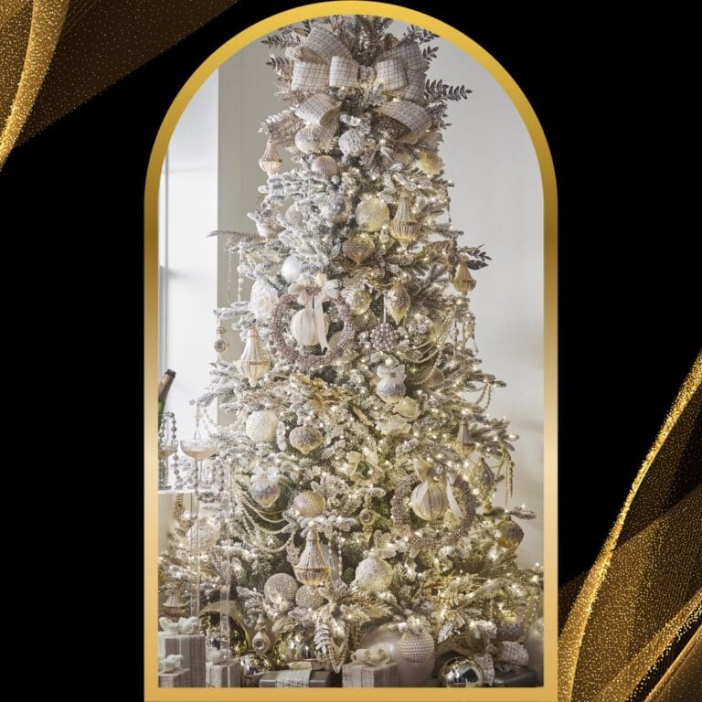 champagne wishes decorated christmas tree by RAZ 2024, gold, champagne, and silver Christmas decorations