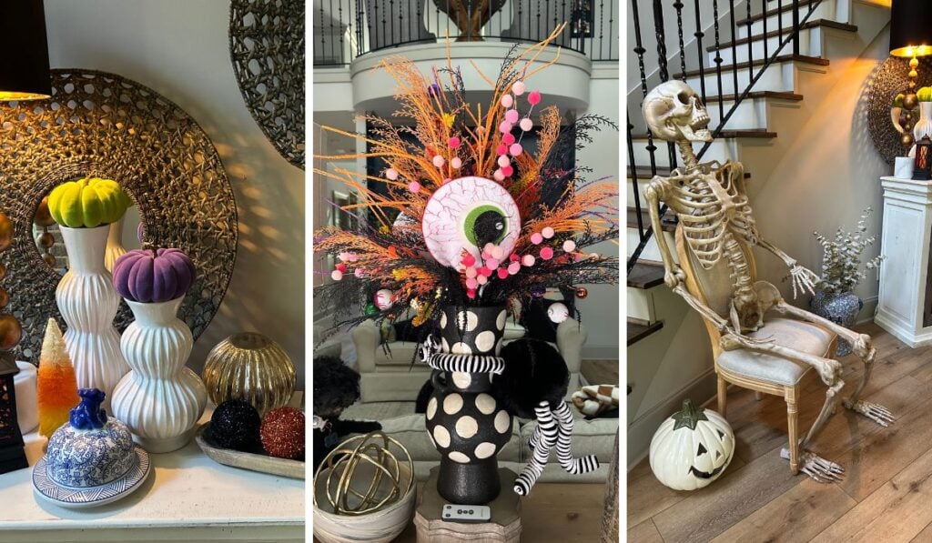 halloween decorations with pumpkins, spiders and big skeleton