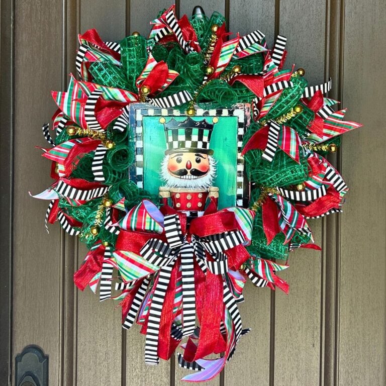 nutcracker Christmas wreath made with an exclusive Trendy Tree nutcracker sign