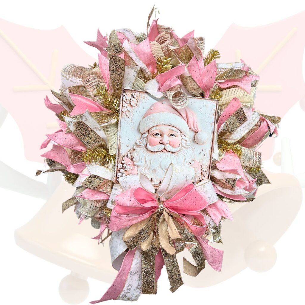 Pink and Gold Christmas wreath with exclusive Pink Santa Sign from Trendy Tree