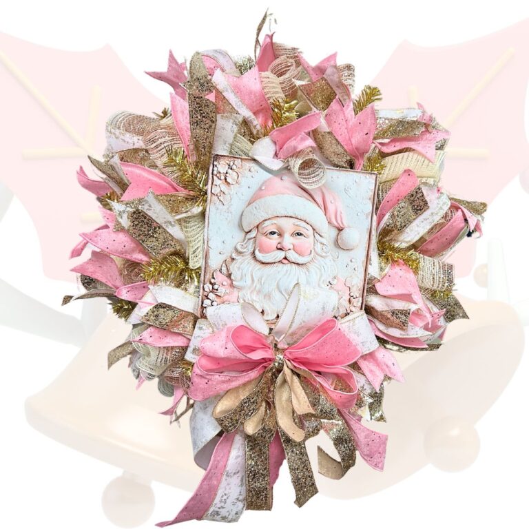 Pink and Gold Christmas wreath with exclusive Pink Santa Sign from Trendy Tree