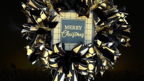 elegant black and gold deco mesh Christmas wreath with Merry Christmas sign