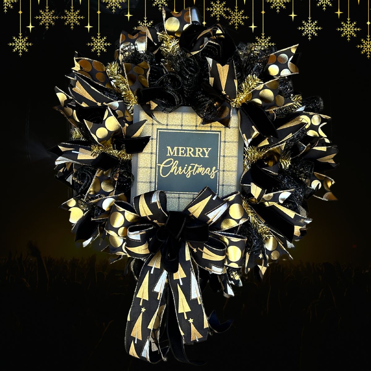 elegant black and gold deco mesh Christmas wreath with Merry Christmas sign