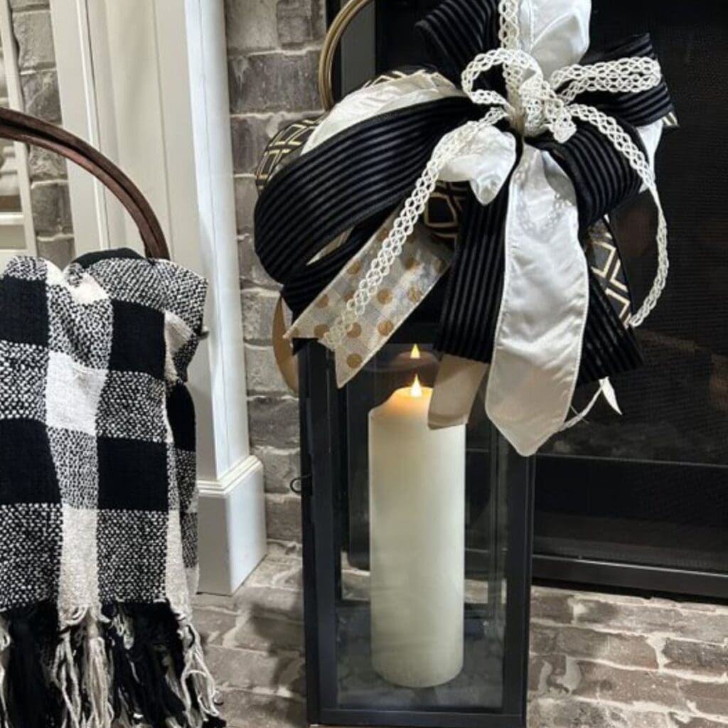 black and neutral bow for a black metal lantern