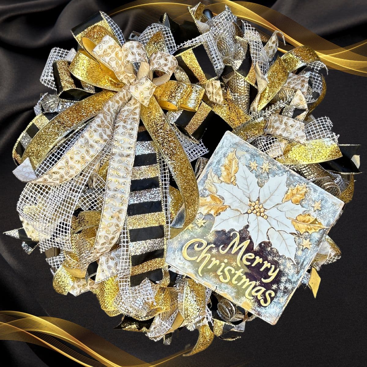 mixed metals Metallic Christmas wreath with an exclusive Merry Christmas Poinsettia sign