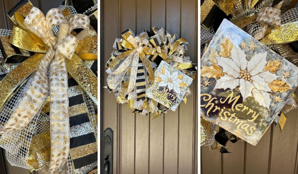 mixed metals Metallic Christmas wreath with an exclusive Merry Christmas Poinsettia sign