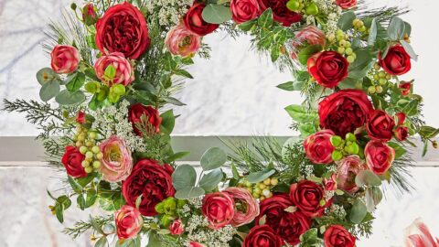 wreath with red roses from the christmas in the garden collection by raz