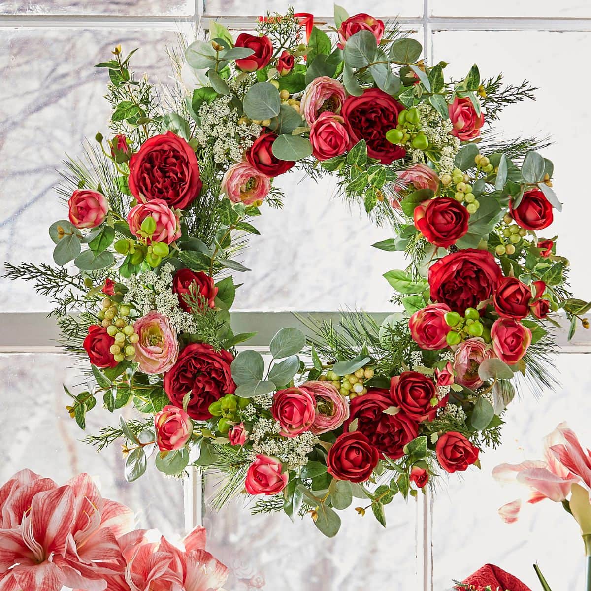 wreath with red roses from the christmas in the garden collection by raz
