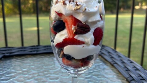 greek yogurt parfait with blueberries, strawberries, coconut, and pecans, fall morning reflection
