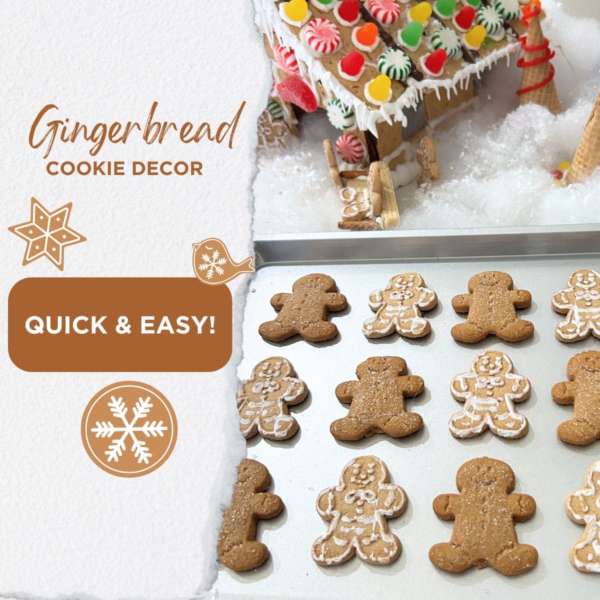 gingerbread cookies hot glued to a cookie sheet