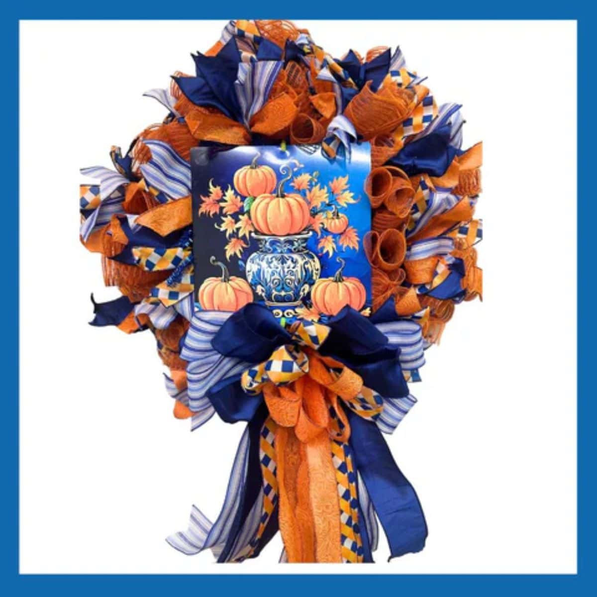 blue and orange mesh wreath with chinoiserie metal pumpkin sign from Trendy Tree