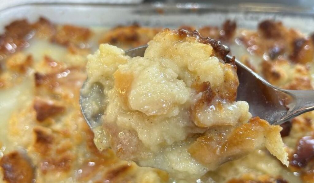 decadent homemade bread pudding with white chocolate glaze