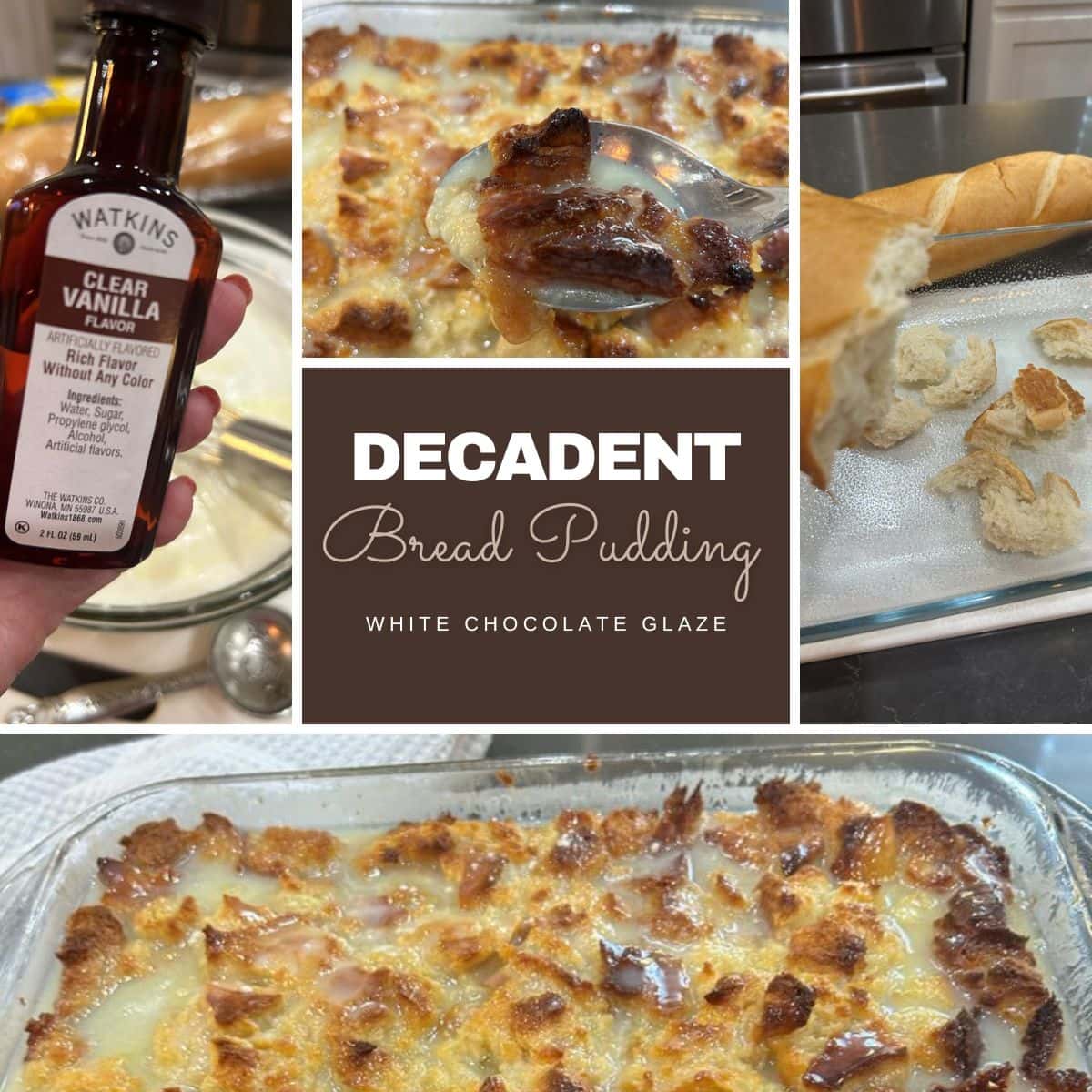decadent homemade bread pudding with white chocolate glaze