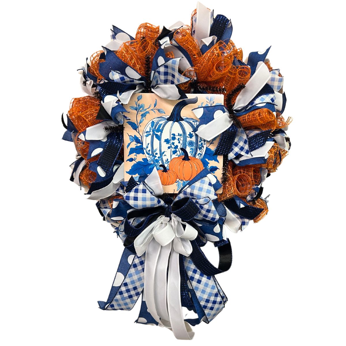 fall mesh wreath with chinoserie pumpkin exclusive sign from trendy tree