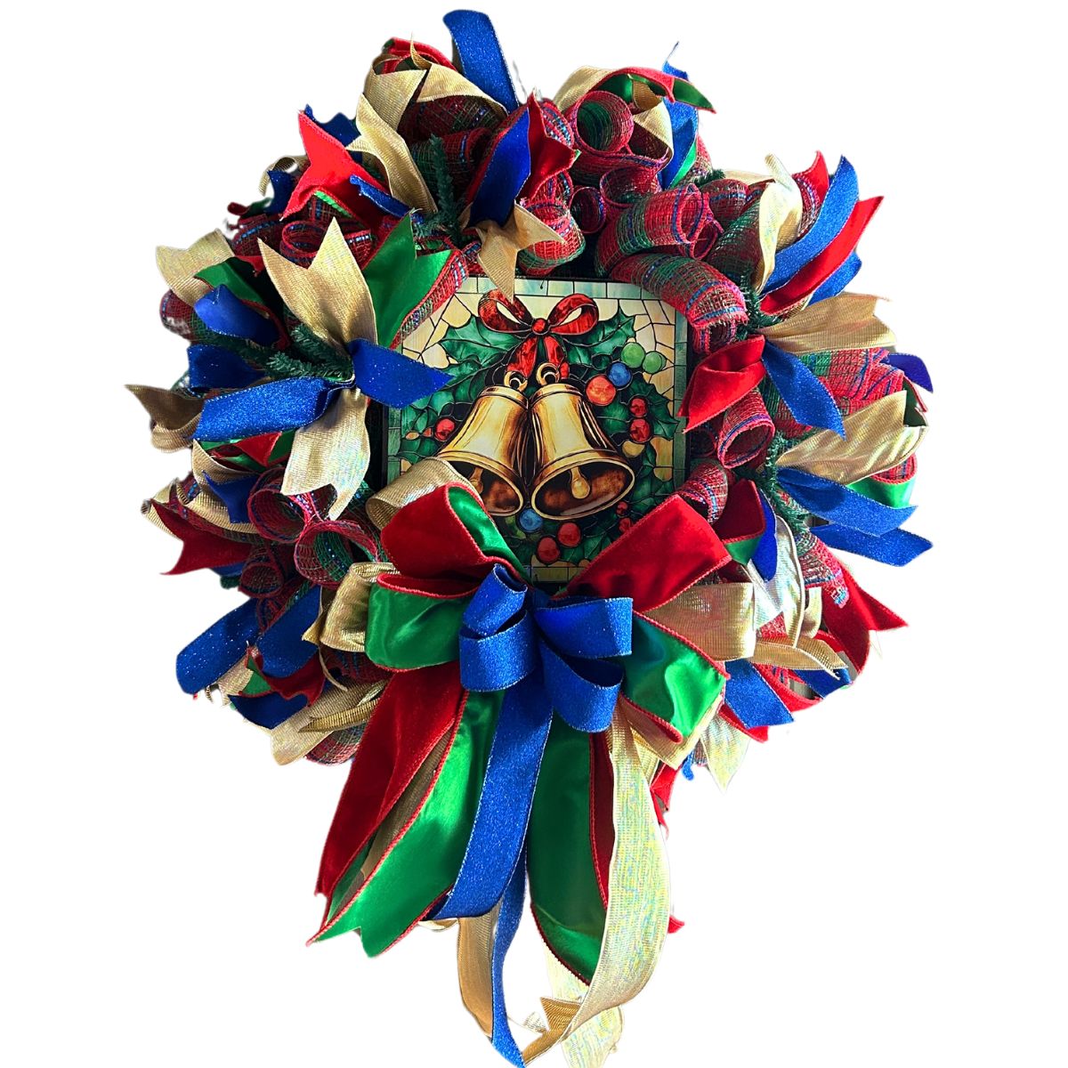 classic christmas wreath with stained glass bell sign, exclusive to Trendy Tree