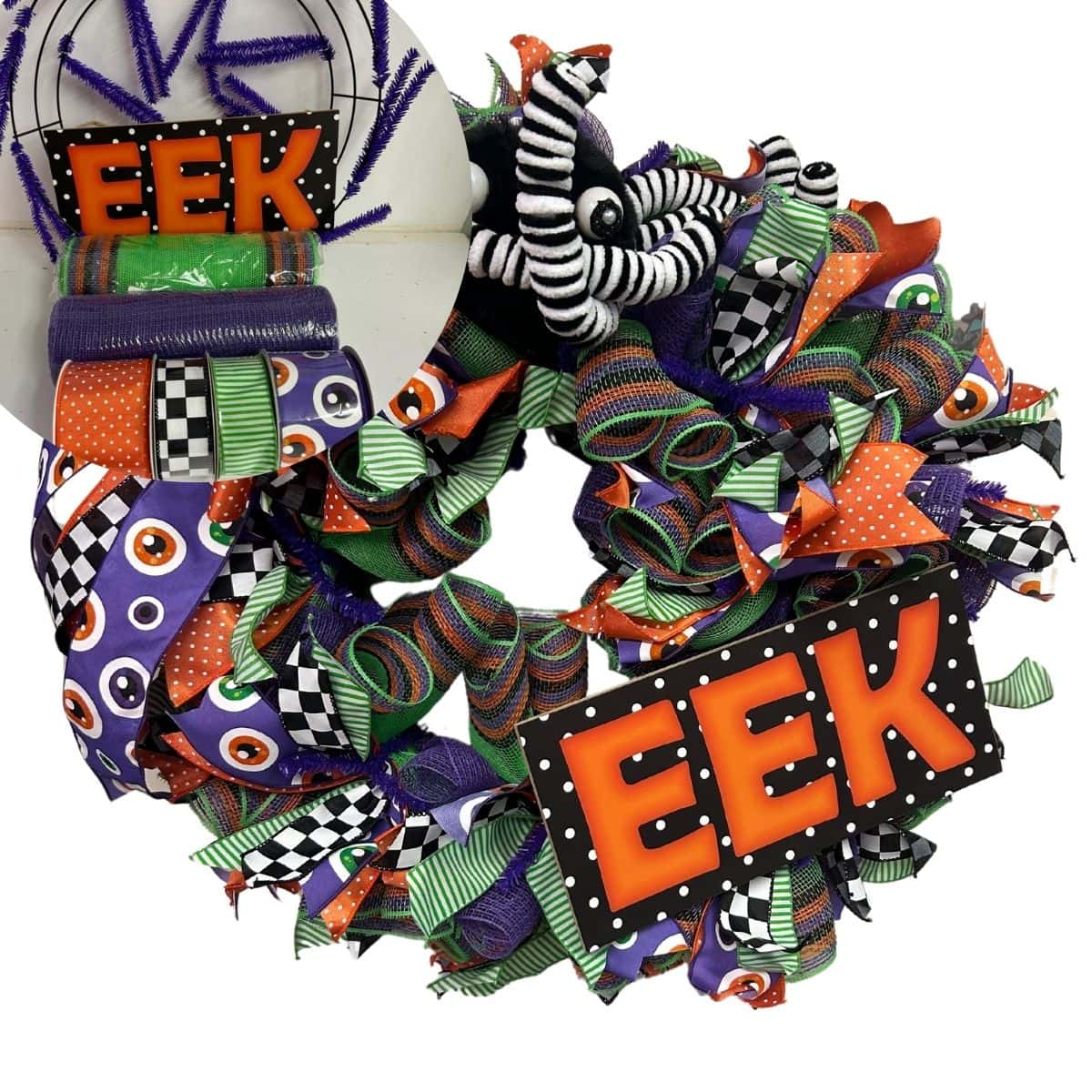 traditional colors Halloween wreath with EEK sign and big spider