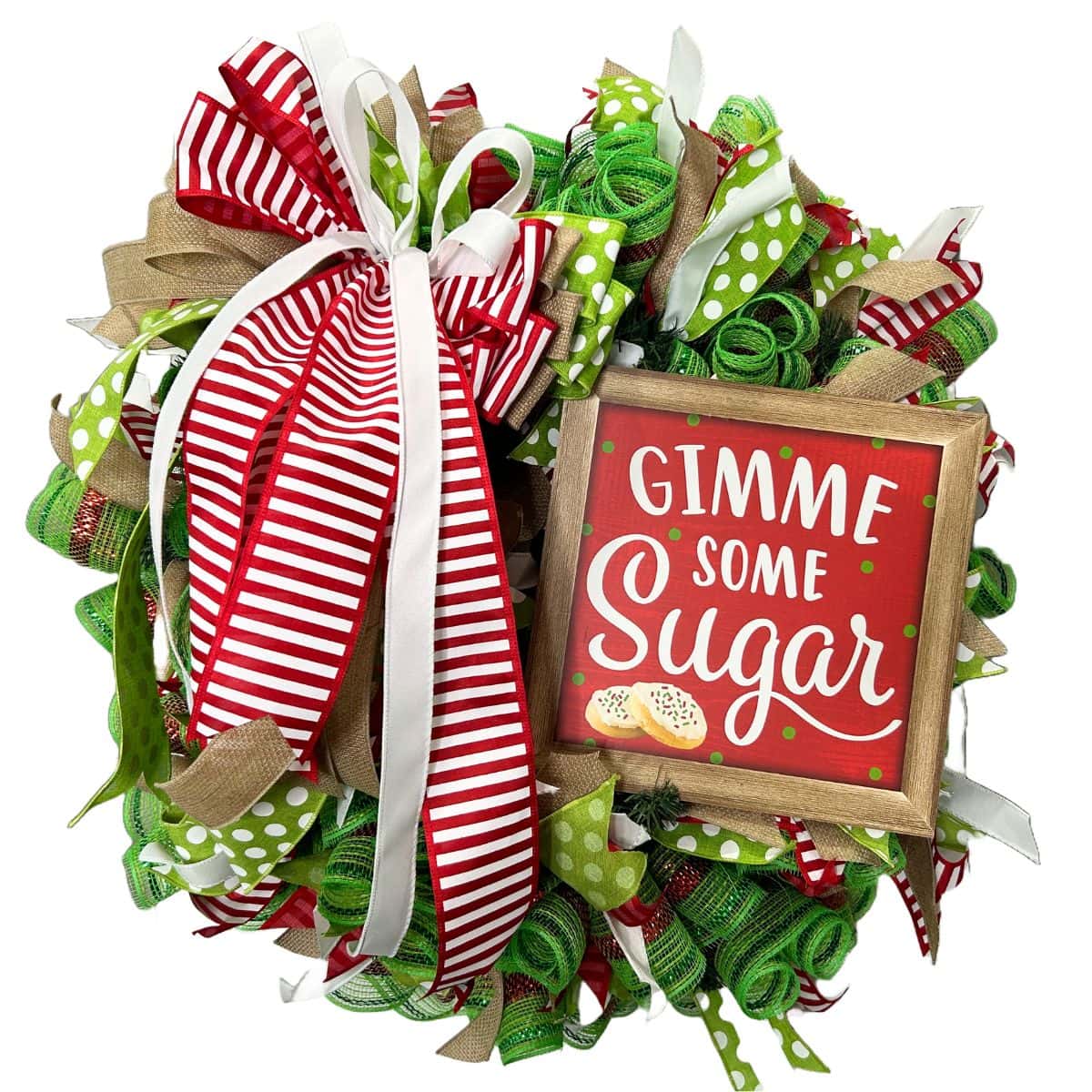 whimsical red and lime green mesh wreath with gimme some sugar sign