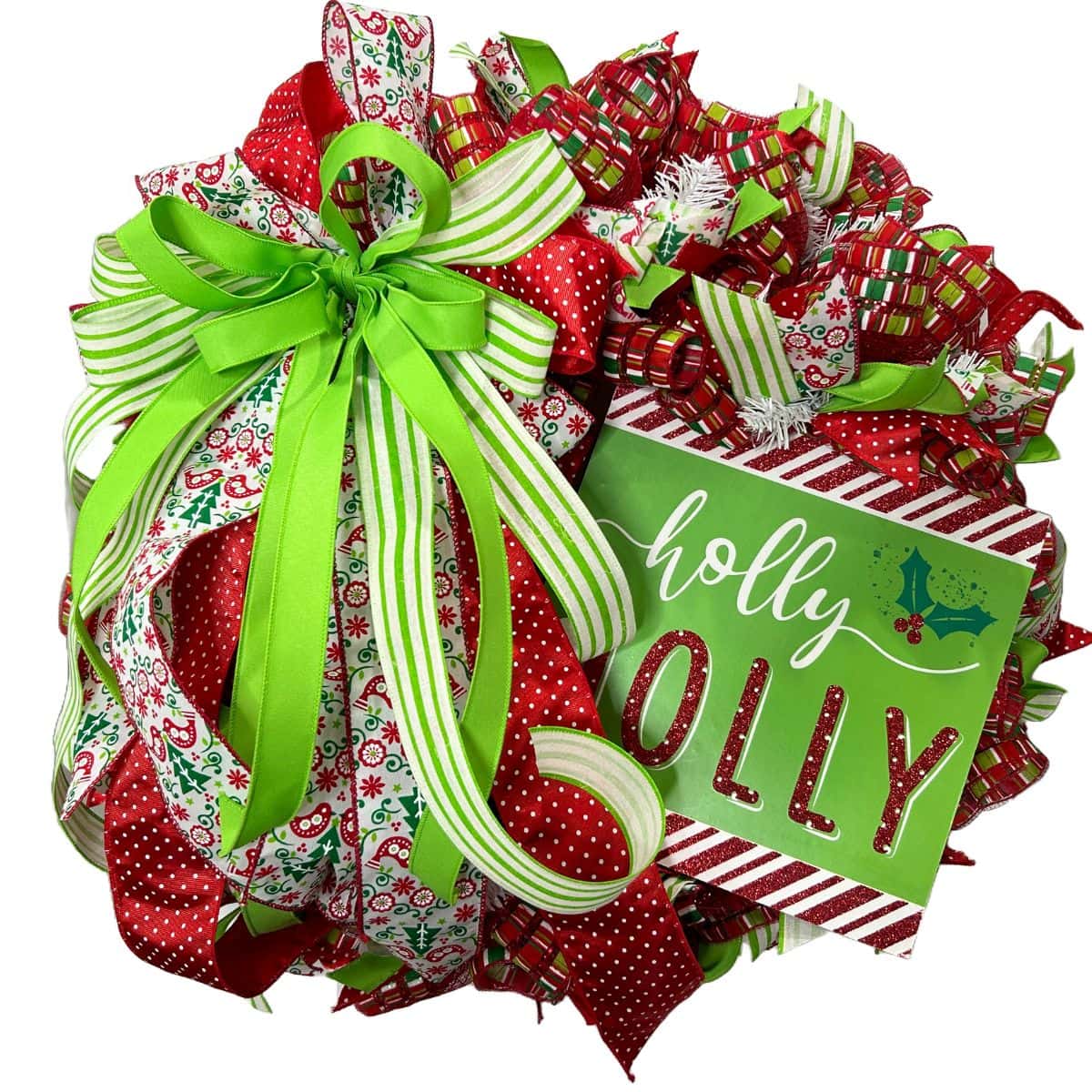 whimsical red and lime green mesh wreath with holly jolly sign