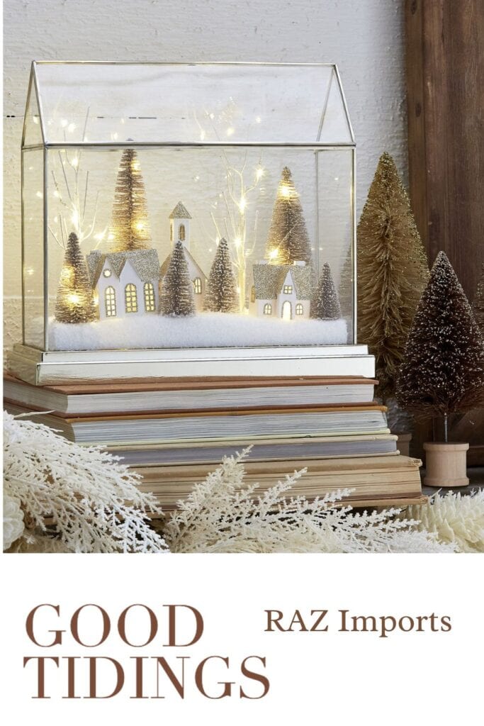 neutral christmas decor, christmas village and bottle brush trees