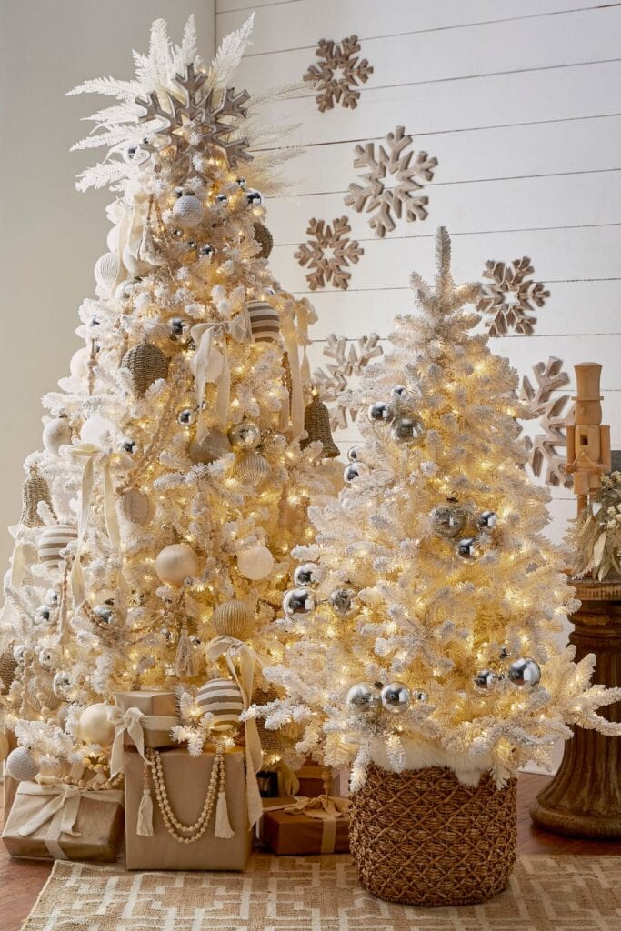 neutral Christmas decorations in cream and white, brown paper packages