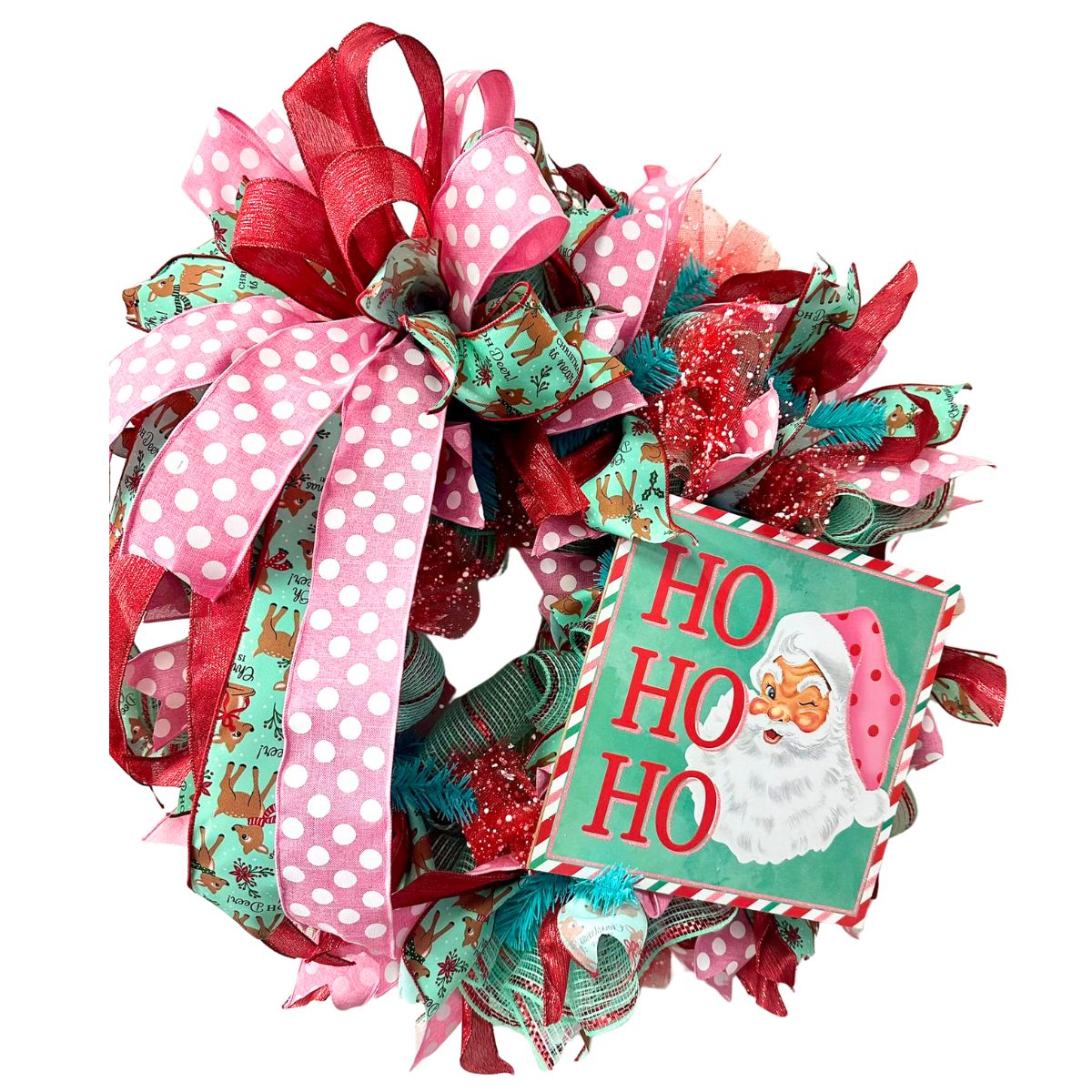 pink, mint, red, mesh wreath with Ho Ho Ho Retro Santa sign