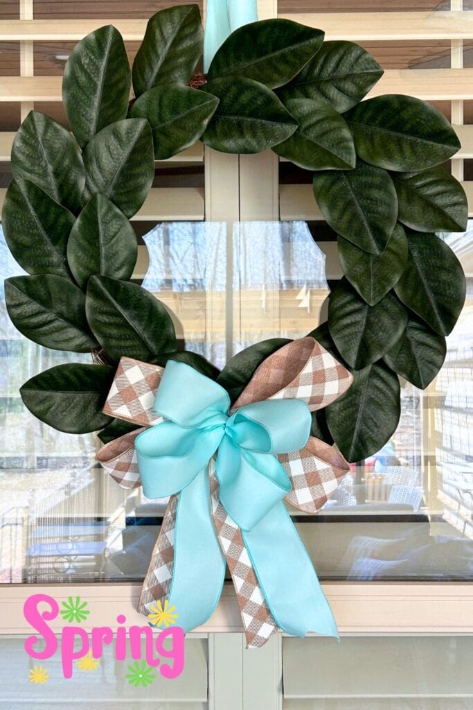 inexpensive Walmart magnolia wreath with a spring bow