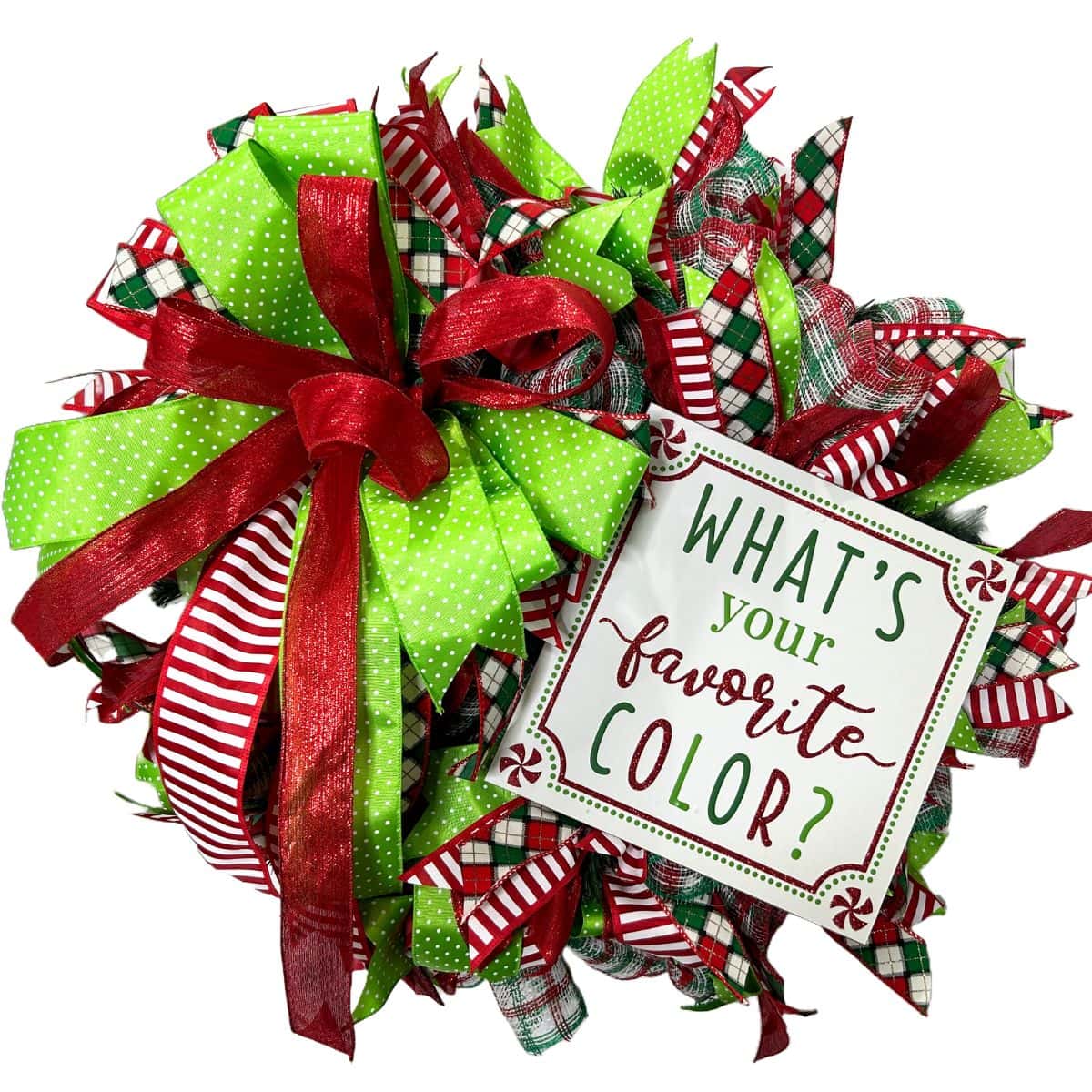 whimsical red and lime green mesh wreath with what's your favorite color sign