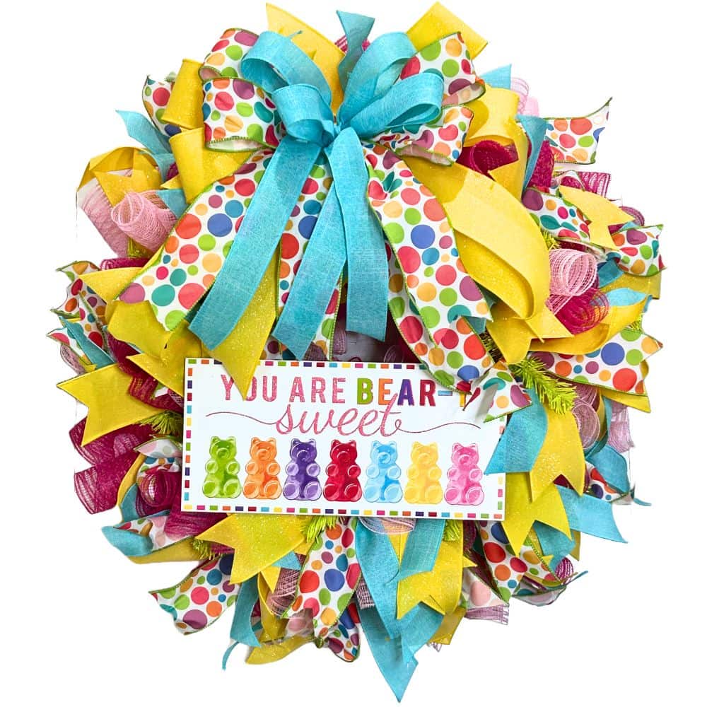 Valentine wreath with gummy bear sign in non-traditional Valentine colors