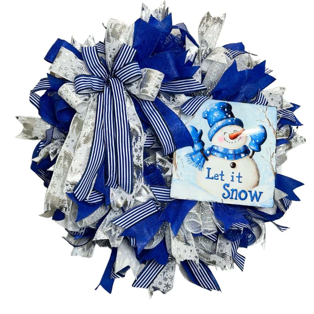 Let it Snow Mesh wreath with metal snowman sign