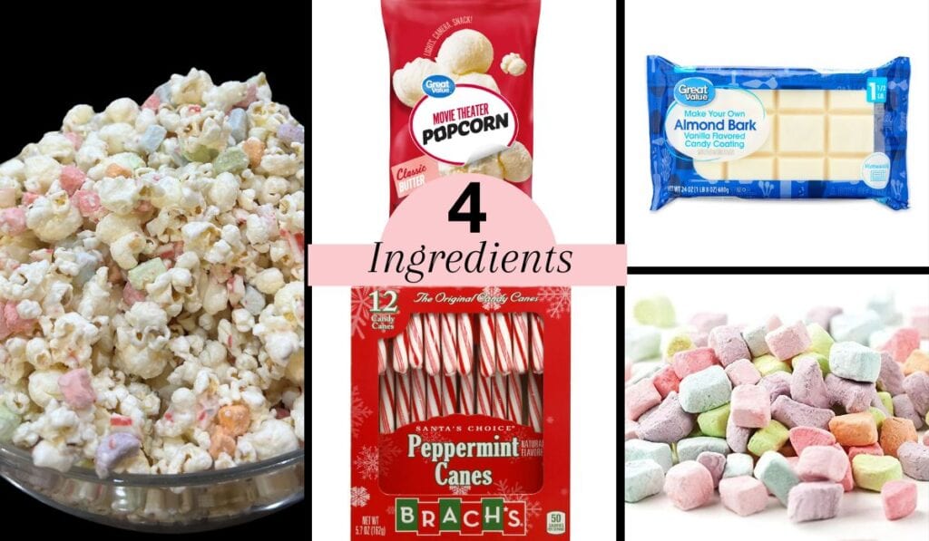 ingredients for pepperminti popcorn: popcorn, vanilla almond bark, peppermint candy canes, dehydraged rainbow marshmallows