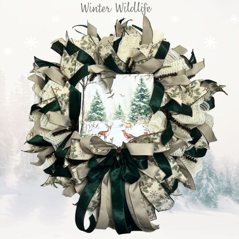 cream mesh wreath with dark green ribbons and an exclusive Trendy Tree winter wildlife sign