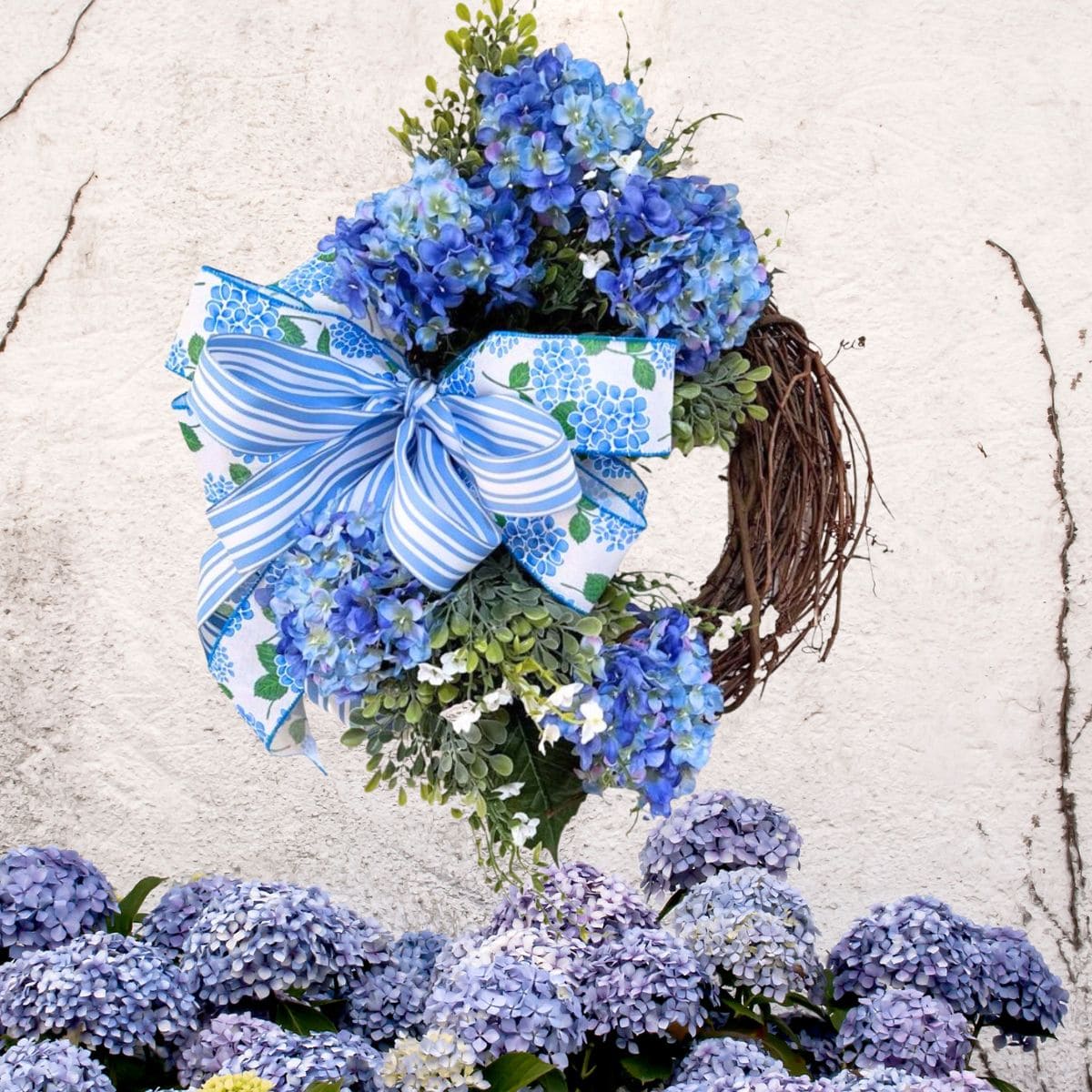 blue hydrangeas on a grapevine wreath