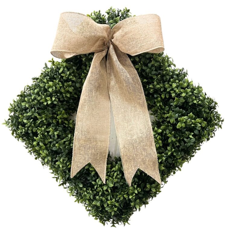 easy burlap bow on a boxwood wreath
