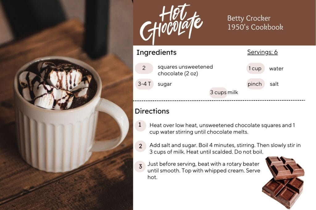 hot chocolate recipe from Betty Crocker's 1950 cookbook