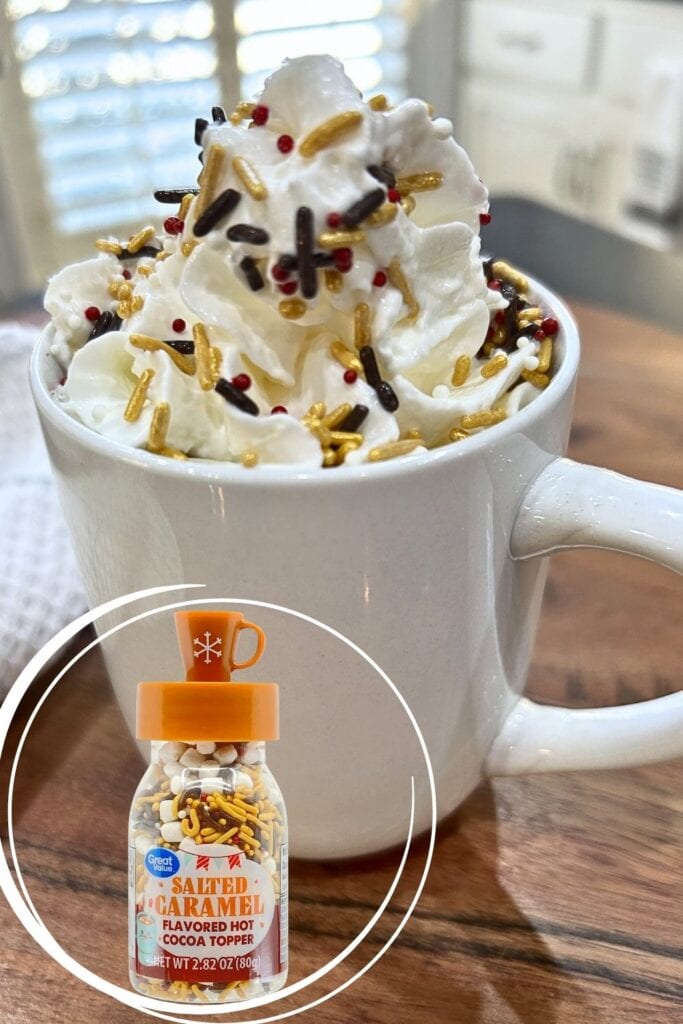 hot chocolate with whipped cream and salted caramel sprinkles