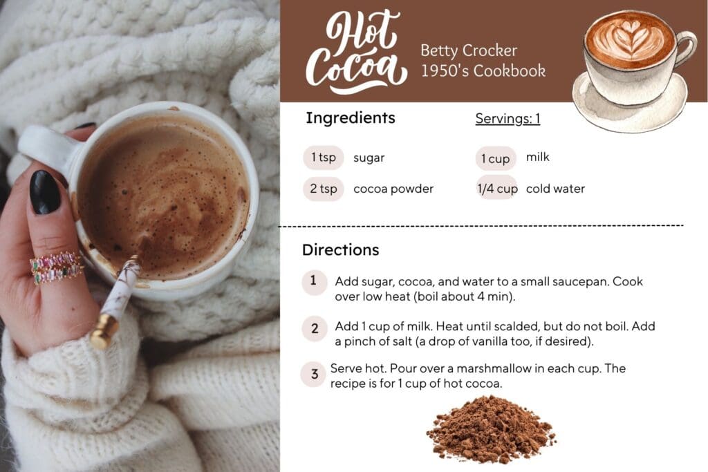 recipe for hot cocoa from Betty Crocker's 1950 cookbook