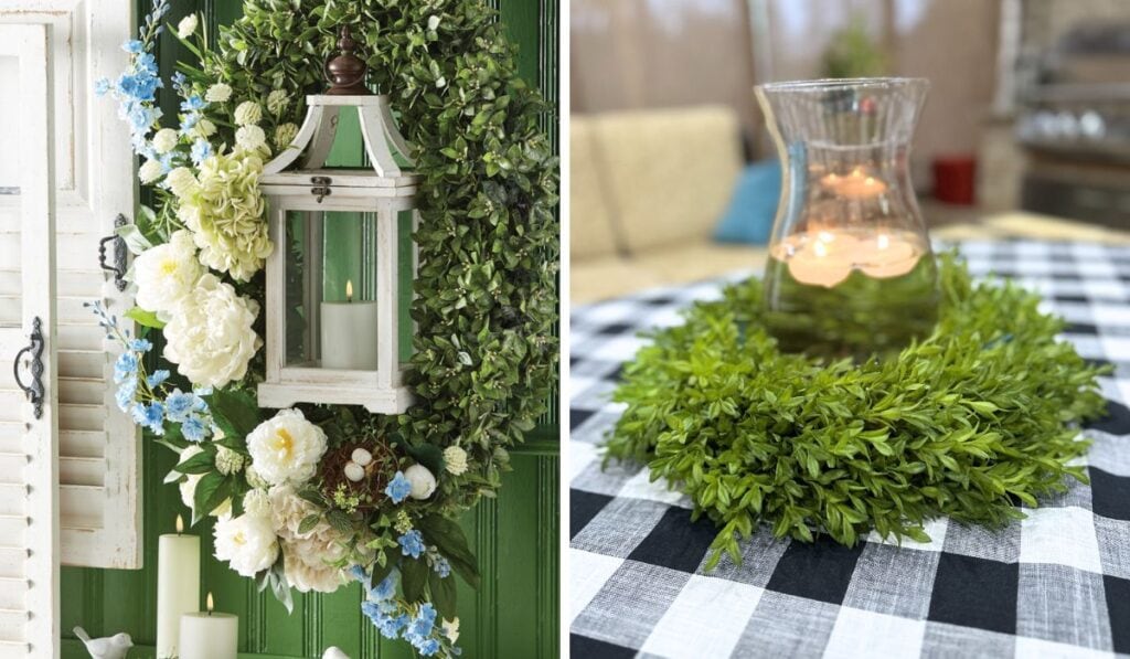 ways to display boxwood wreaths inside the home, around a lantern, on tables with a clear vase in the center